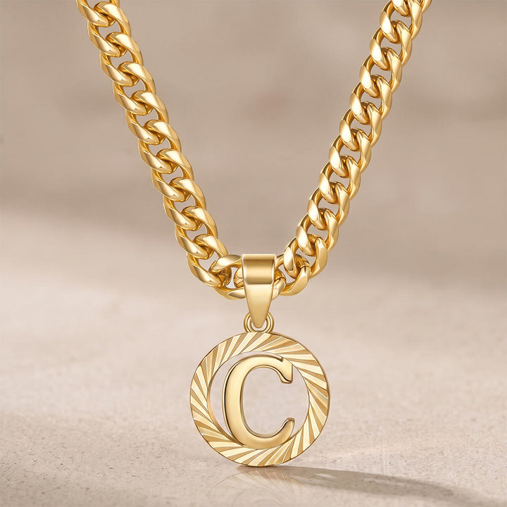 HilalHaven Minimal Engraved Initial Sun‑Ray Disc Heavy Cuban‑Chain Necklace - Golden - C - image 4