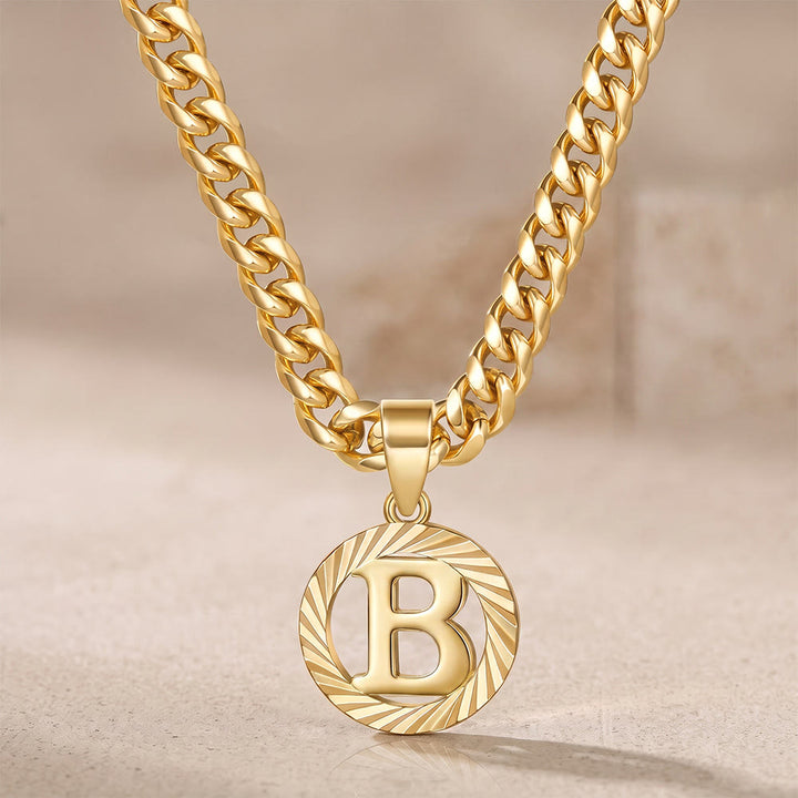 HilalHaven Minimal Engraved Initial Sun‑Ray Disc Heavy Cuban‑Chain Necklace - Golden - B - image 3