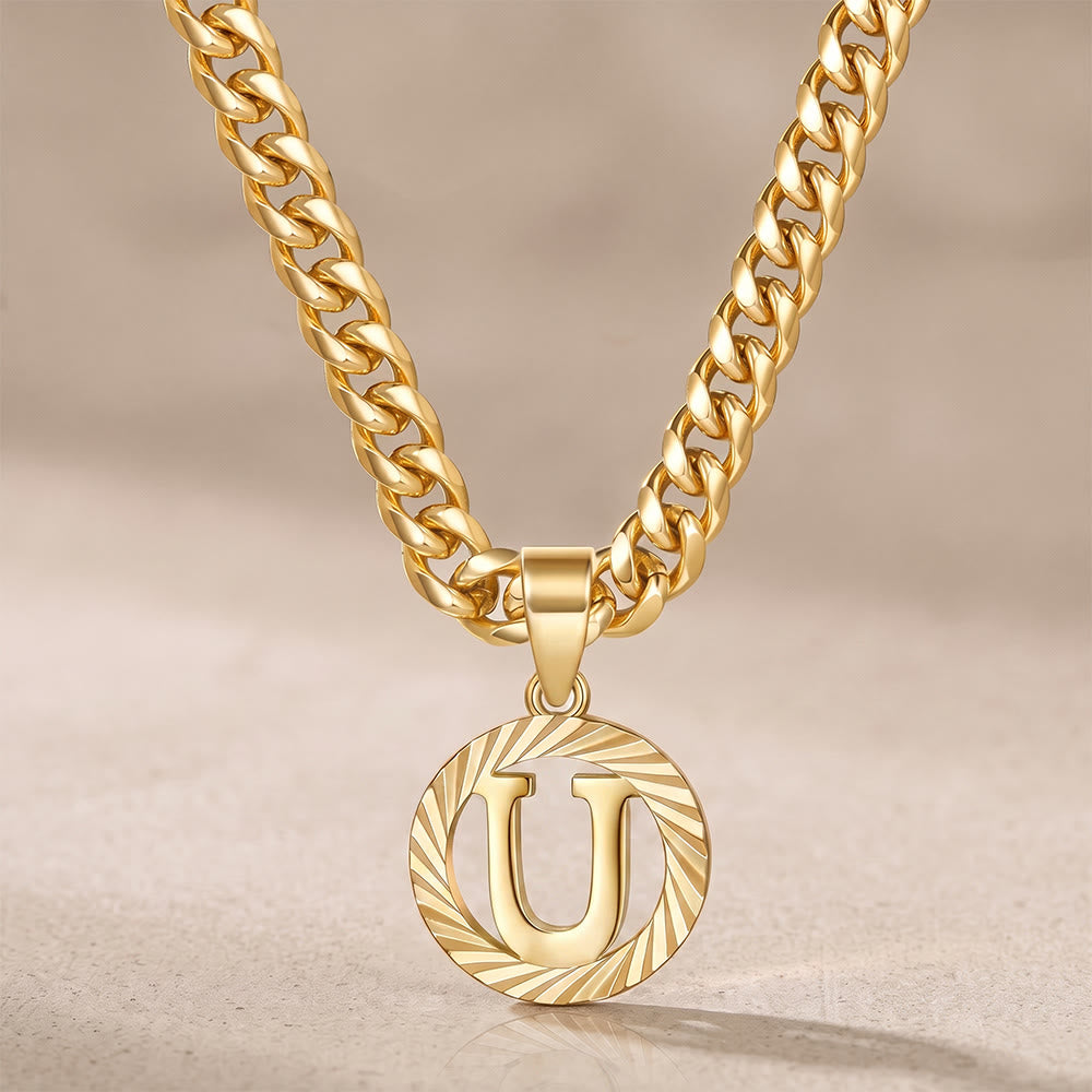 HilalHaven Minimal Engraved Initial Sun‑Ray Disc Heavy Cuban‑Chain Necklace - Golden - U - image 22