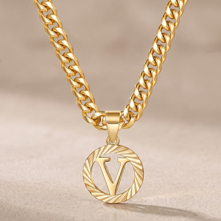 HilalHaven Minimal Engraved Initial Sun‑Ray Disc Heavy Cuban‑Chain Necklace - Golden - V - image 23