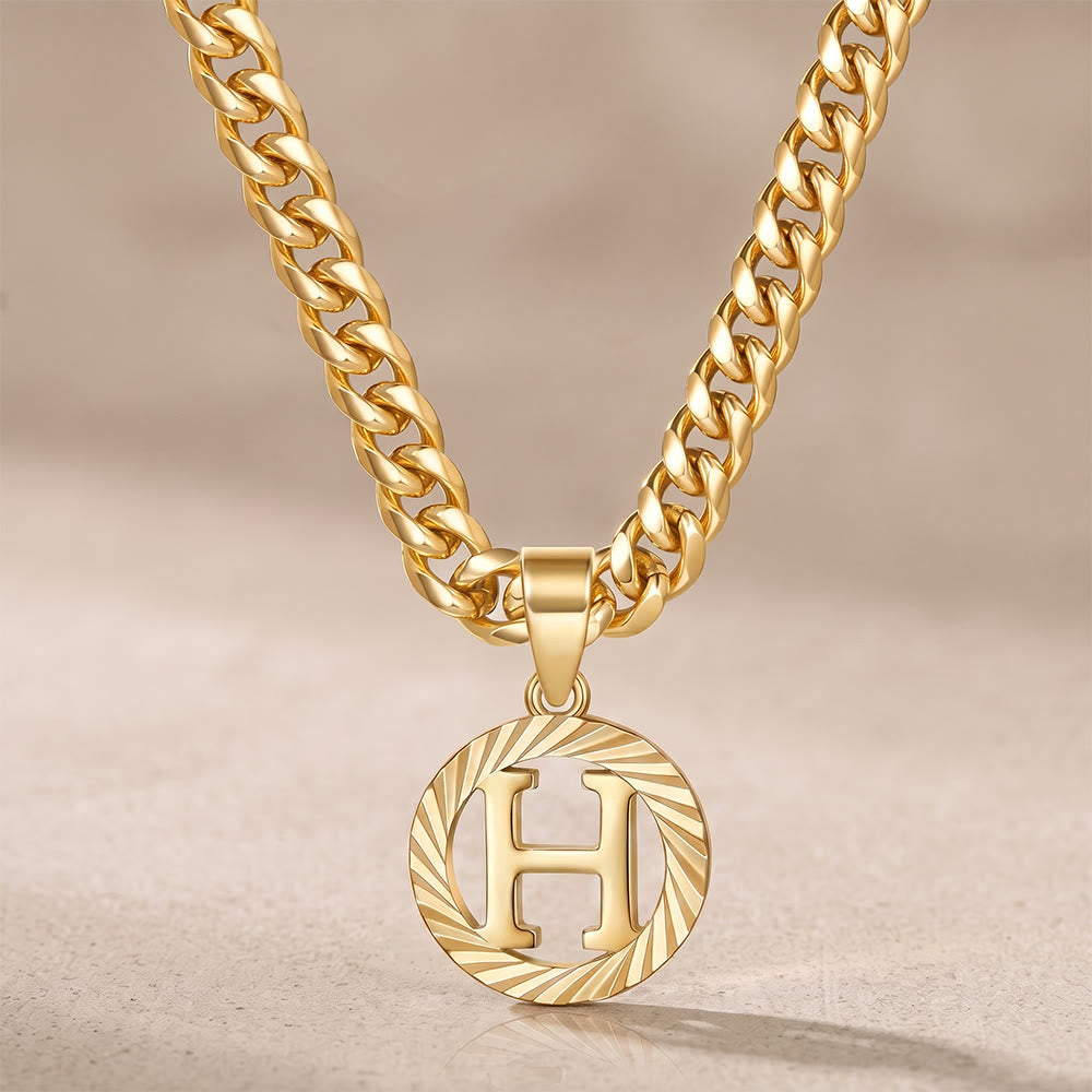 HilalHaven Minimal Engraved Initial Sun‑Ray Disc Heavy Cuban‑Chain Necklace - Golden - H - image 9