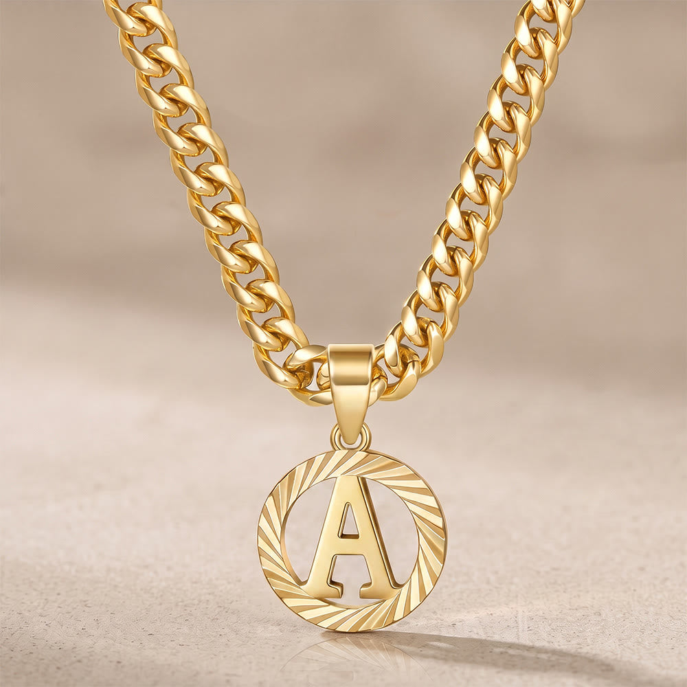 HilalHaven Minimal Engraved Initial Sun‑Ray Disc Heavy Cuban‑Chain Necklace - Golden - A - image 2