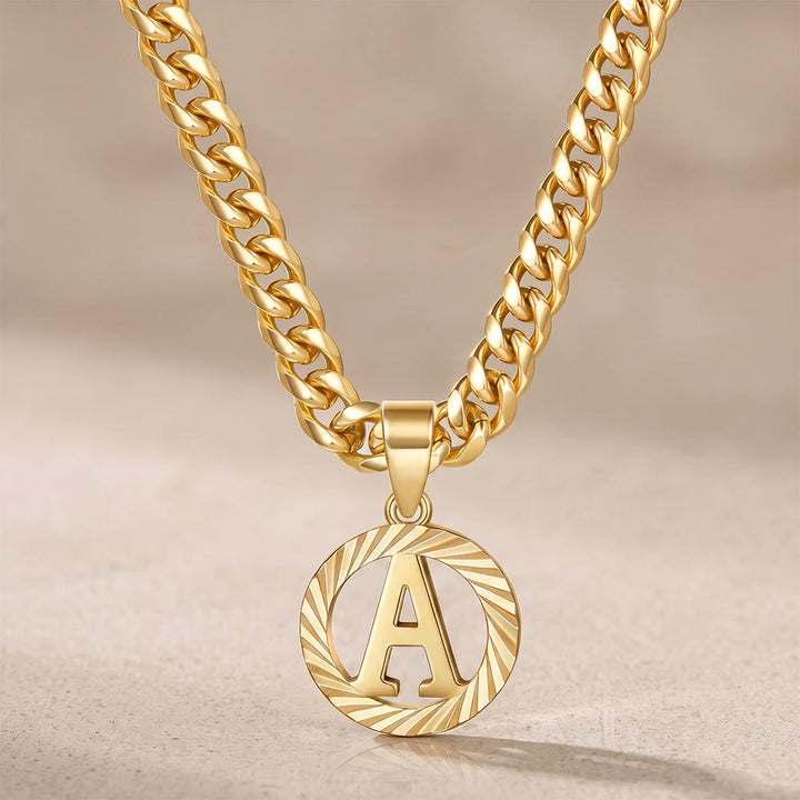 HilalHaven Minimal Engraved Initial Sun‑Ray Disc Heavy Cuban‑Chain Necklace - Golden - A - image 2