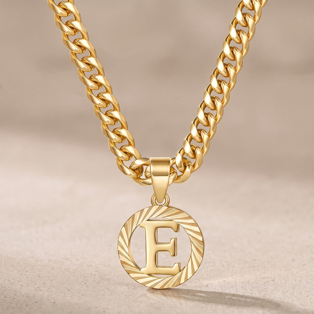 HilalHaven Minimal Engraved Initial Sun‑Ray Disc Heavy Cuban‑Chain Necklace - Golden - E - image 6