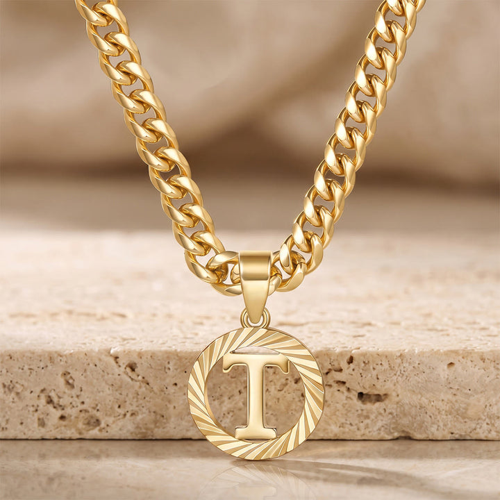 HilalHaven Minimal Engraved Initial Sun‑Ray Disc Heavy Cuban‑Chain Necklace - Golden - T - image 21