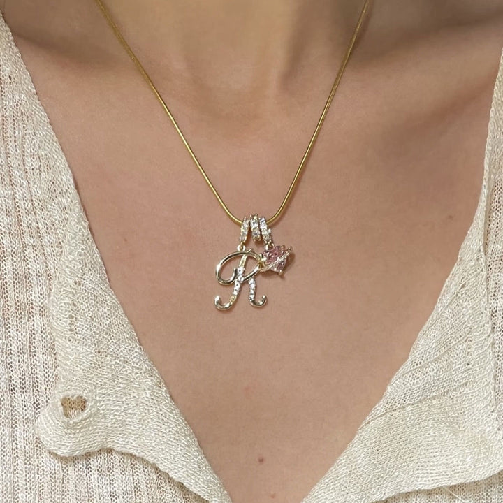 HilalHaven Ornate Cursive Initial with Heart Charm Minimal Snake‑Chain Necklace - image 0