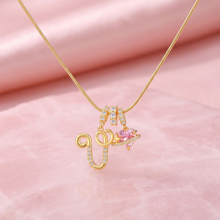 HilalHaven Ornate Cursive Initial with Heart Charm Minimal Snake‑Chain Necklace - V - image 24
