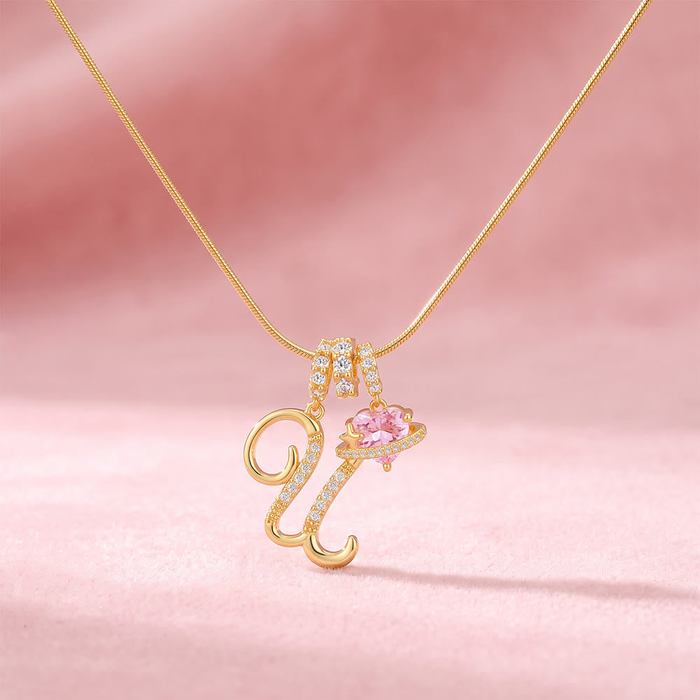 HilalHaven Ornate Cursive Initial with Heart Charm Minimal Snake‑Chain Necklace - U - image 23