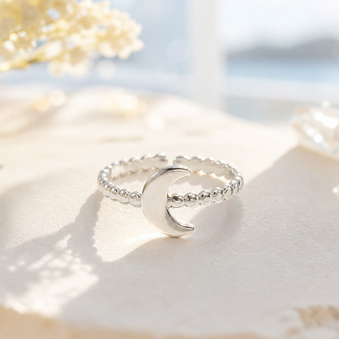 HilalHaven "Lunar Whisper" Beaded Crescent Open Adjustable Ring - image 2