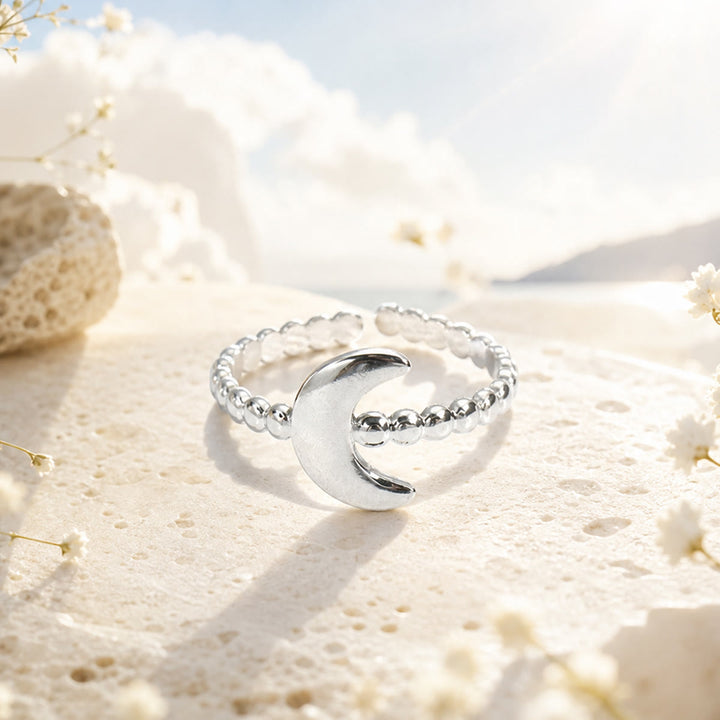 HilalHaven "Lunar Whisper" Beaded Crescent Open Adjustable Ring - Crescent Open Adjustable Ring - image 1