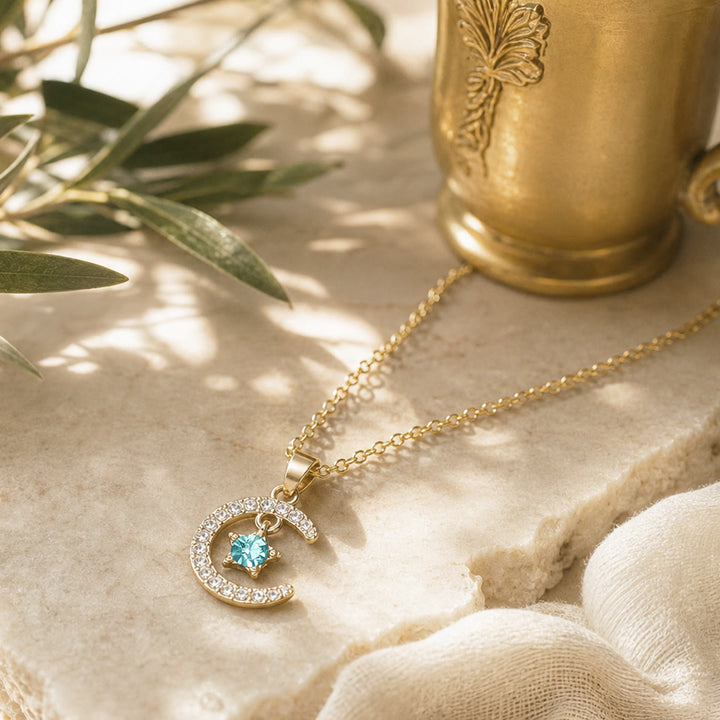 HilalHaven Lunar Birth Oath Pavé Crescent &amp; Star Birthstone Pendant Necklace - December- Turquoise - image 12