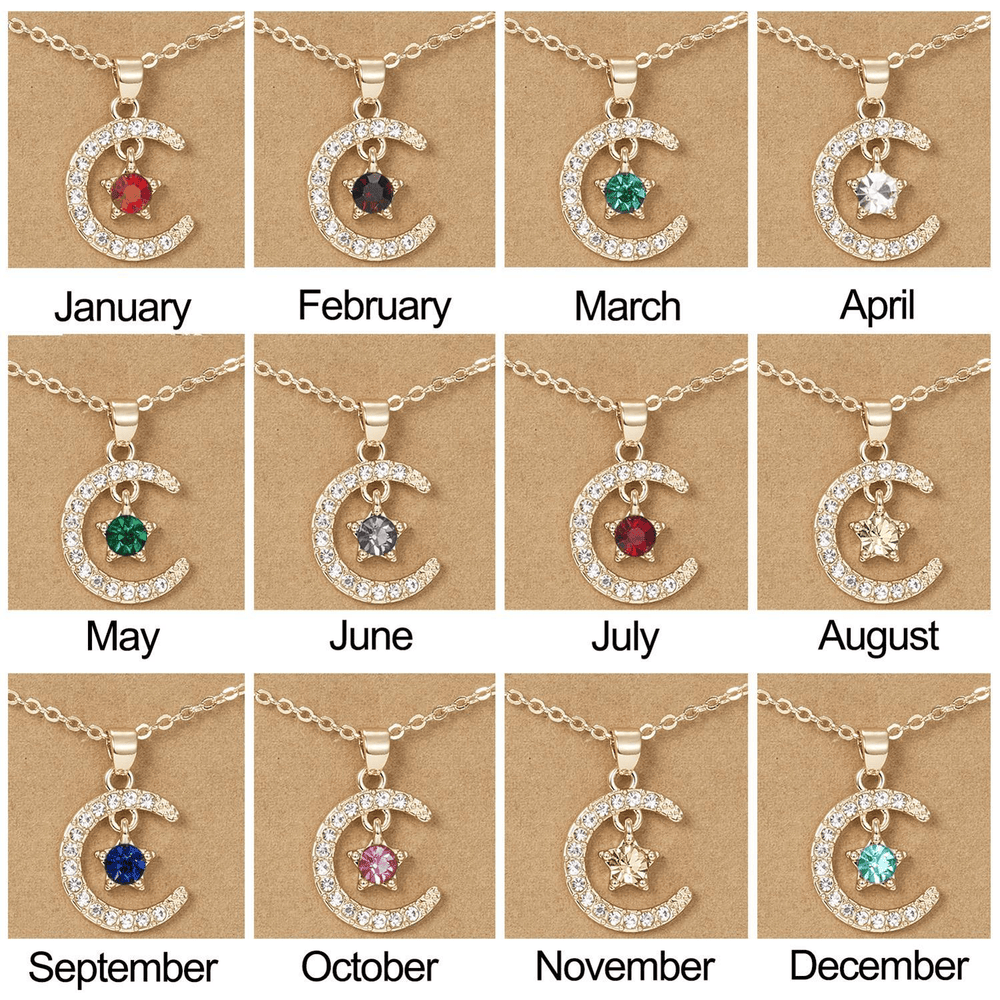 HilalHaven Lunar Birth Oath Pavé Crescent & Star Birthstone Pendant Necklace - image 1