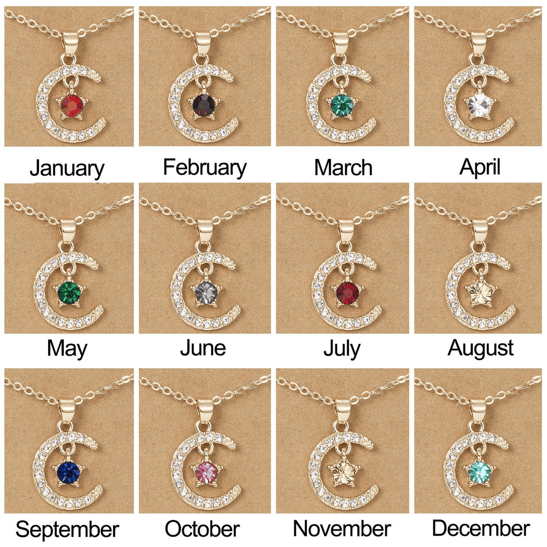 HilalHaven Lunar Birth Oath Pavé Crescent &amp; Star Birthstone Pendant Necklace - image 1