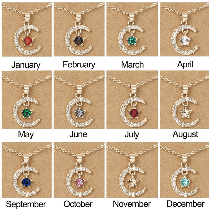 HilalHaven Lunar Birth Oath Pavé Crescent &amp; Star Birthstone Pendant Necklace - image 1