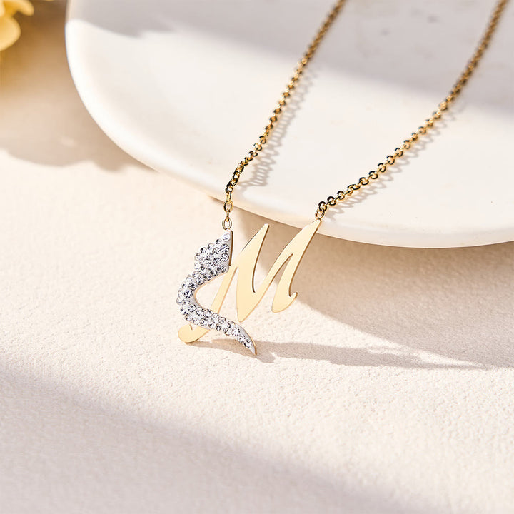 HilalHaven Dual Script Intertwined Initial Arabic&amp;English Letter Two-Tone Inlaid Crystal Titanium Steel Women’s Letter Necklace  - M - image 24