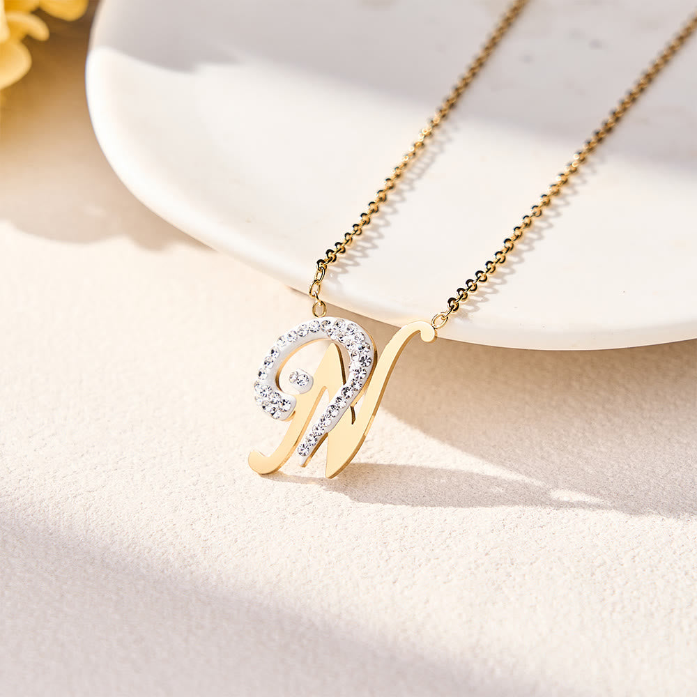 FREE Today: Dual Script Intertwined Initial Arabic&amp;English Letter Two-Tone Inlaid Crystal Titanium Steel Letter Necklace  - N - image 26