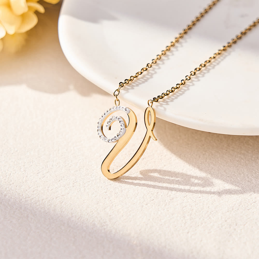 HilalHaven Dual Script Intertwined Initial Arabic&amp;English Letter Two-Tone Inlaid Crystal Titanium Steel Women’s Letter Necklace  - v - image 40