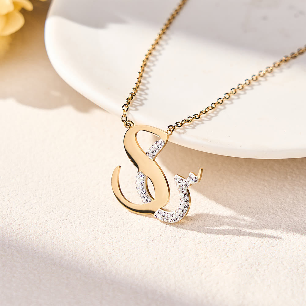 FREE Today: Dual Script Intertwined Initial Arabic&amp;English Letter Two-Tone Inlaid Crystal Titanium Steel Letter Necklace  - S - image 34
