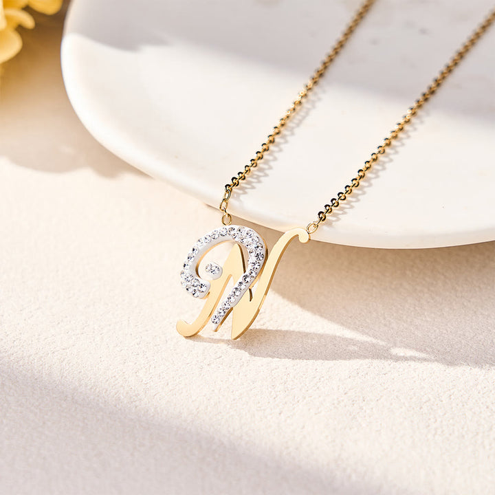 HilalHaven Dual Script Intertwined Initial Arabic&amp;English Letter Two-Tone Inlaid Crystal Titanium Steel Women’s Letter Necklace  - N - image 26