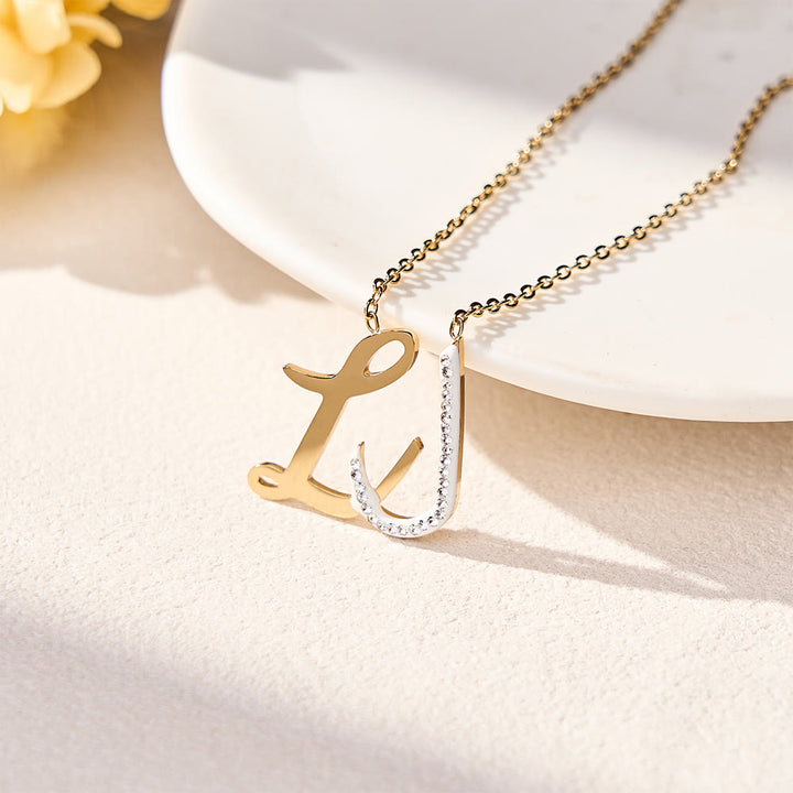 FREE Today: Dual Script Intertwined Initial Arabic&amp;English Letter Two-Tone Inlaid Crystal Titanium Steel Letter Necklace  - L(Lowercase Letters) - image 22