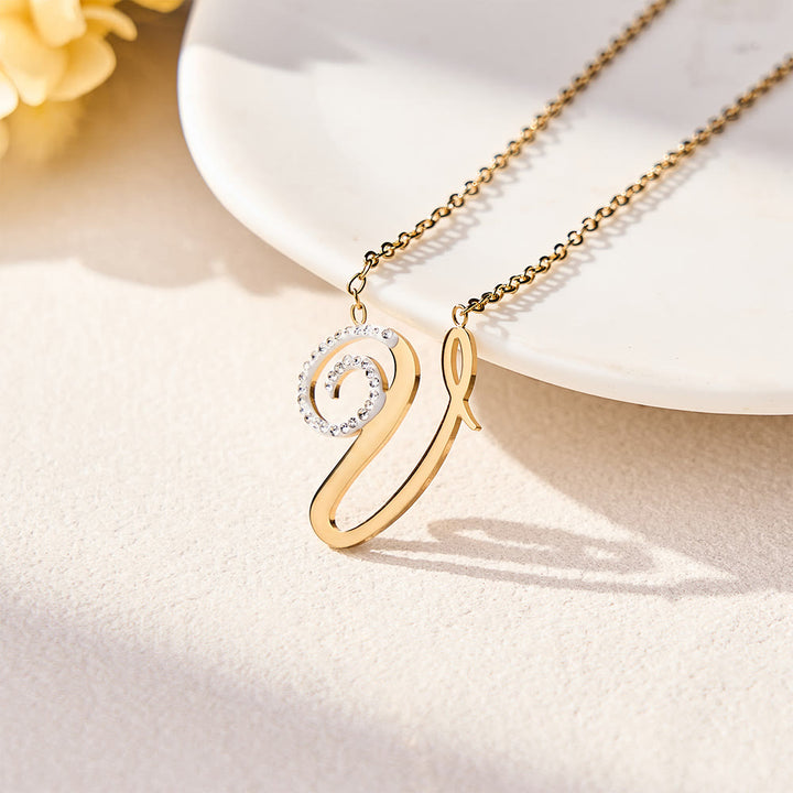 FREE Today: Dual Script Intertwined Initial Arabic&amp;English Letter Two-Tone Inlaid Crystal Titanium Steel Letter Necklace  - v - image 40