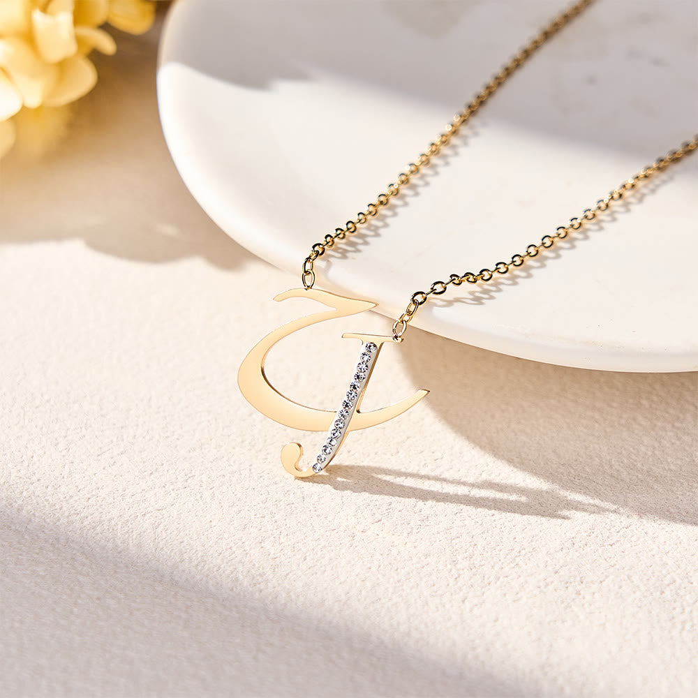 FREE Today: Dual Script Intertwined Initial Arabic&amp;English Letter Two-Tone Inlaid Crystal Titanium Steel Letter Necklace  - C - image 5