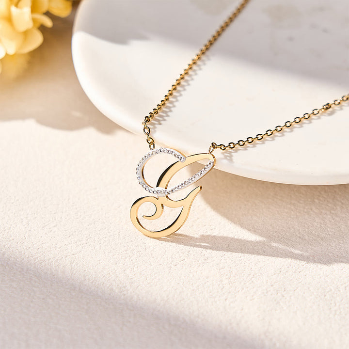 FREE Today: Dual Script Intertwined Initial Arabic&amp;English Letter Two-Tone Inlaid Crystal Titanium Steel Letter Necklace  - G - image 12