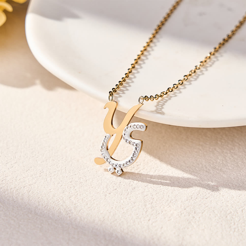 HilalHaven Dual Script Intertwined Initial Arabic&amp;English Letter Two-Tone Inlaid Crystal Titanium Steel Women’s Letter Necklace  - y - image 44