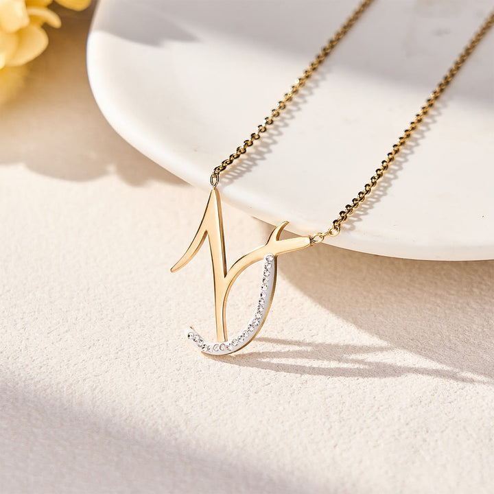 FREE Today: Dual Script Intertwined Initial Arabic&amp;English Letter Two-Tone Inlaid Crystal Titanium Steel Letter Necklace  - R(Lowercase Letters) - image 32
