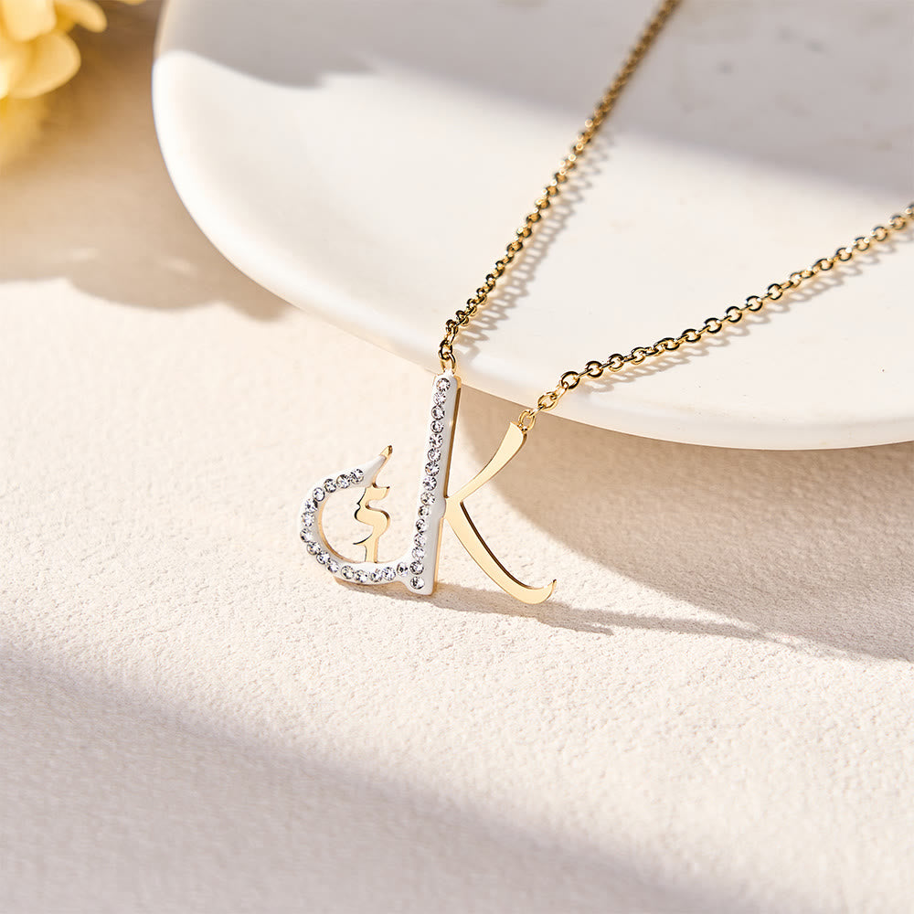 FREE Today: Dual Script Intertwined Initial Arabic&amp;English Letter Two-Tone Inlaid Crystal Titanium Steel Letter Necklace  - K - image 18