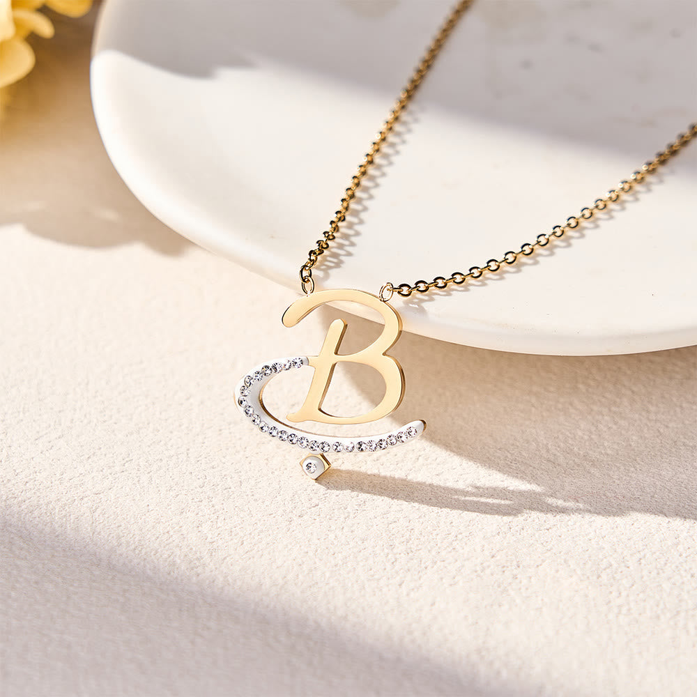 HilalHaven Dual Script Intertwined Initial Arabic&amp;English Letter Two-Tone Inlaid Crystal Titanium Steel Women’s Letter Necklace  - B - image 3