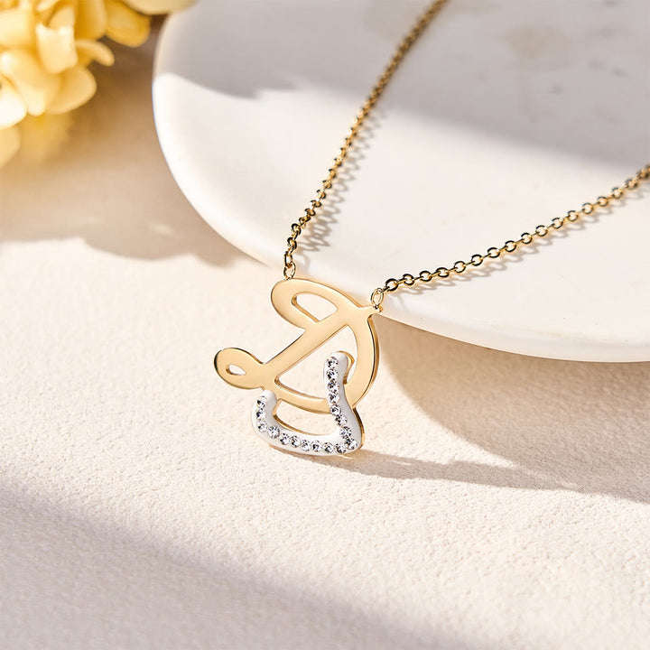 HilalHaven Dual Script Intertwined Initial Arabic&amp;English Letter Two-Tone Inlaid Crystal Titanium Steel Women’s Letter Necklace  - D - image 6