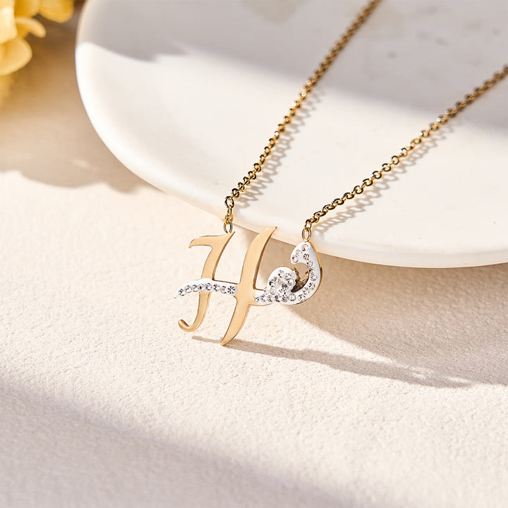 HilalHaven Dual Script Intertwined Initial Arabic&amp;English Letter Two-Tone Inlaid Crystal Titanium Steel Women’s Letter Necklace  - H - image 14