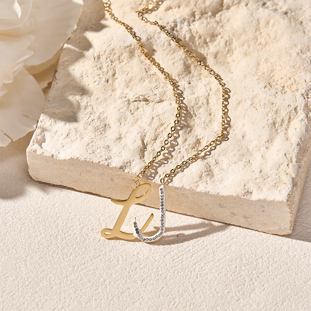 HilalHaven Dual Script Intertwined Initial Arabic&amp;English Letter Two-Tone Inlaid Crystal Titanium Steel Women’s Letter Necklace  - image 21