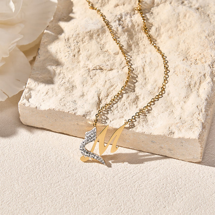 HilalHaven Dual Script Intertwined Initial Arabic&amp;English Letter Two-Tone Inlaid Crystal Titanium Steel Women’s Letter Necklace  - image 23