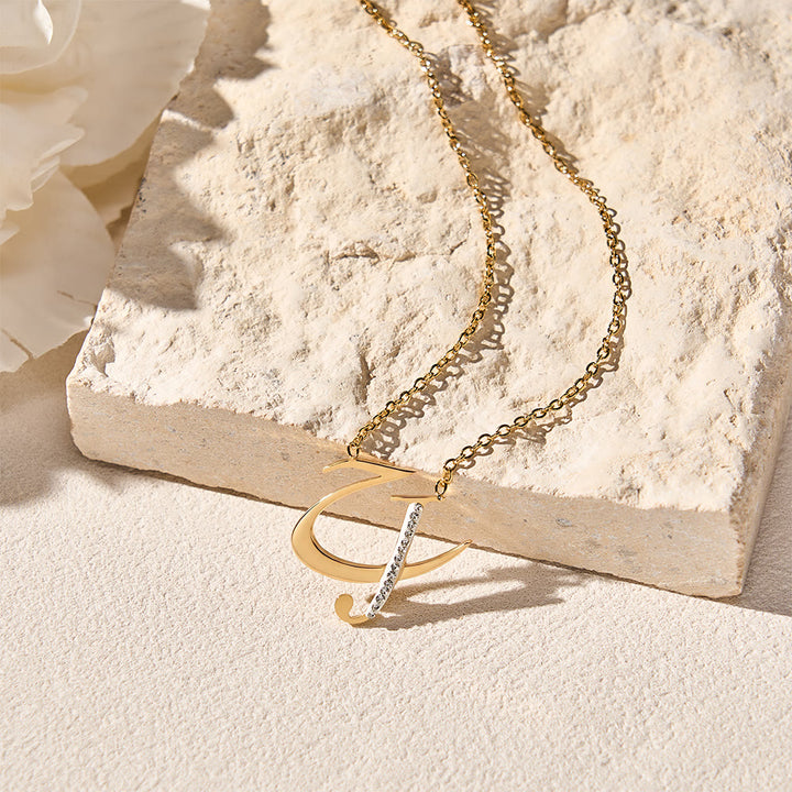 HilalHaven Dual Script Intertwined Initial Arabic&amp;English Letter Two-Tone Inlaid Crystal Titanium Steel Women’s Letter Necklace  - image 4