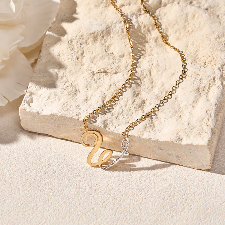 HilalHaven Dual Script Intertwined Initial Arabic&amp;English Letter Two-Tone Inlaid Crystal Titanium Steel Women’s Letter Necklace  - image 41