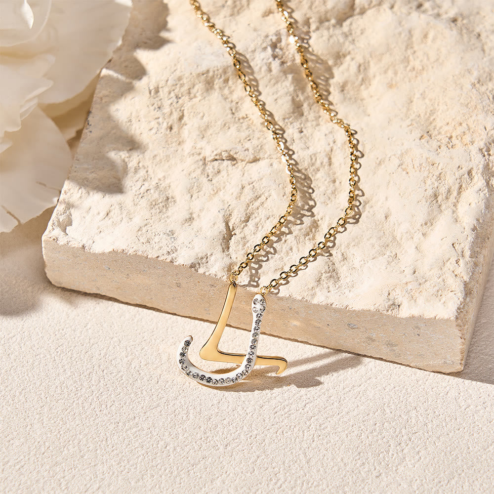HilalHaven Dual Script Intertwined Initial Arabic&amp;English Letter Two-Tone Inlaid Crystal Titanium Steel Women’s Letter Necklace  - image 19