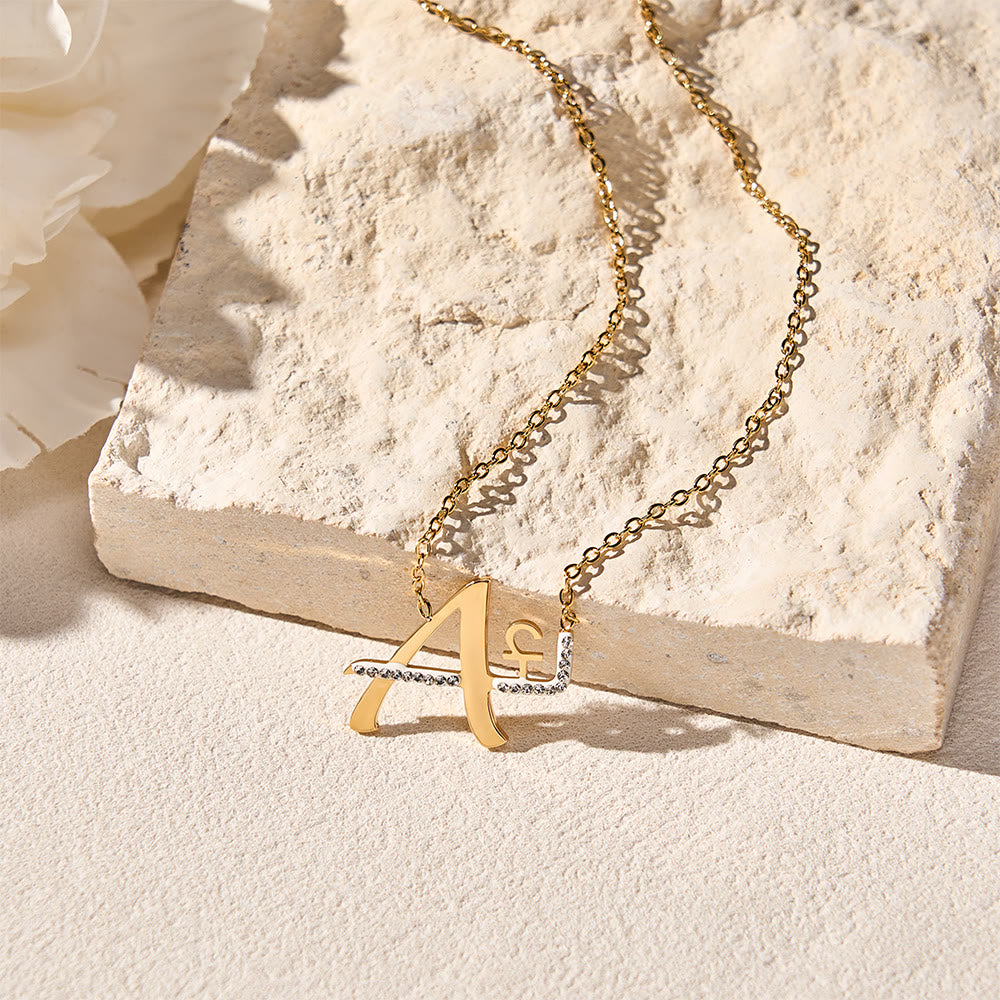HilalHaven Dual Script Intertwined Initial Arabic&English Letter Two-Tone Inlaid Crystal Titanium Steel Women’s Letter Necklace  - image 1