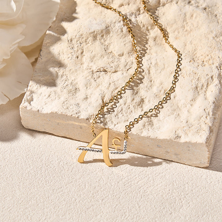 HilalHaven Dual Script Intertwined Initial Arabic&amp;English Letter Two-Tone Inlaid Crystal Titanium Steel Women’s Letter Necklace  - image 1