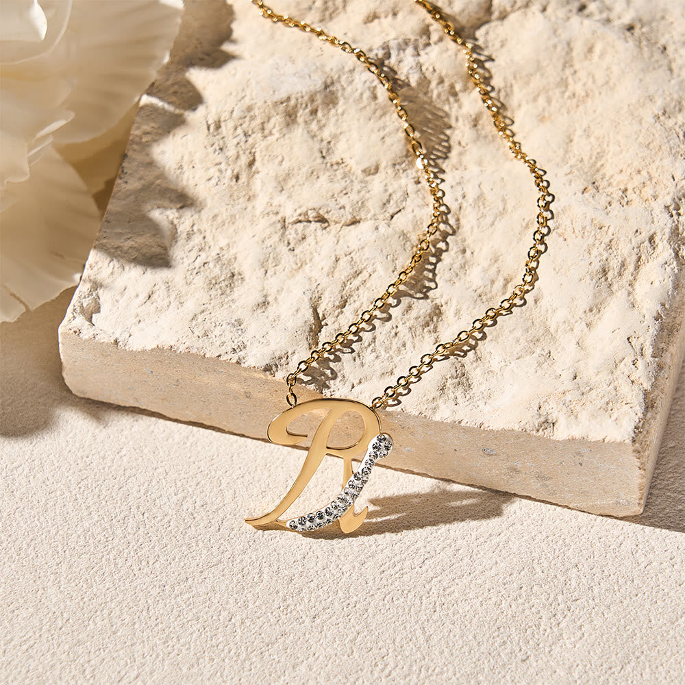 HilalHaven Dual Script Intertwined Initial Arabic&amp;English Letter Two-Tone Inlaid Crystal Titanium Steel Women’s Letter Necklace  - image 29