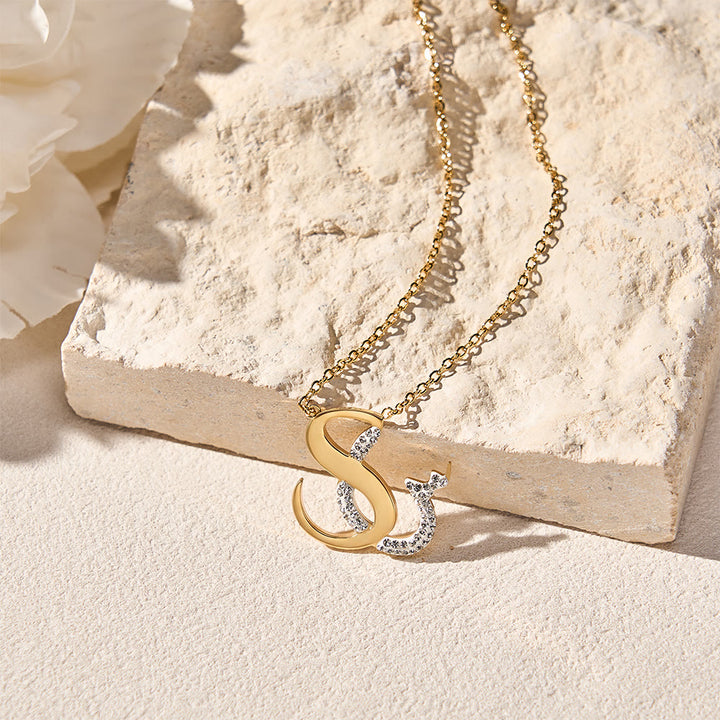 FREE Today: Dual Script Intertwined Initial Arabic&amp;English Letter Two-Tone Inlaid Crystal Titanium Steel Letter Necklace  - image 33