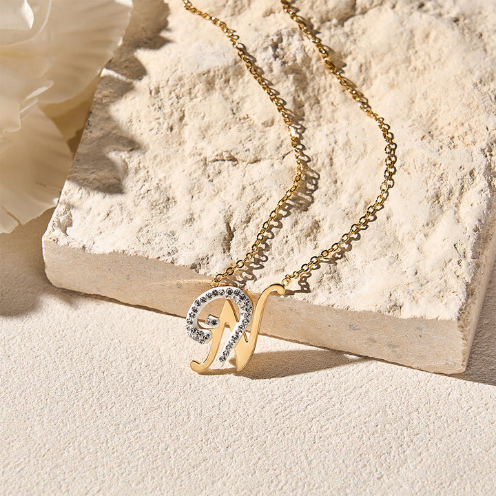 FREE Today: Dual Script Intertwined Initial Arabic&amp;English Letter Two-Tone Inlaid Crystal Titanium Steel Letter Necklace  - image 25