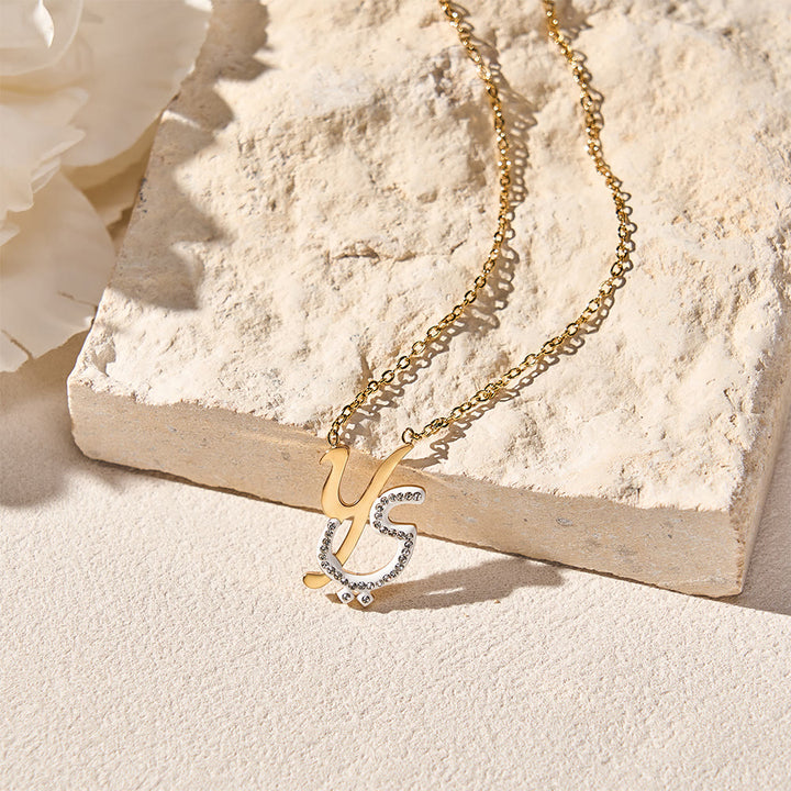 HilalHaven Dual Script Intertwined Initial Arabic&amp;English Letter Two-Tone Inlaid Crystal Titanium Steel Women’s Letter Necklace  - image 43