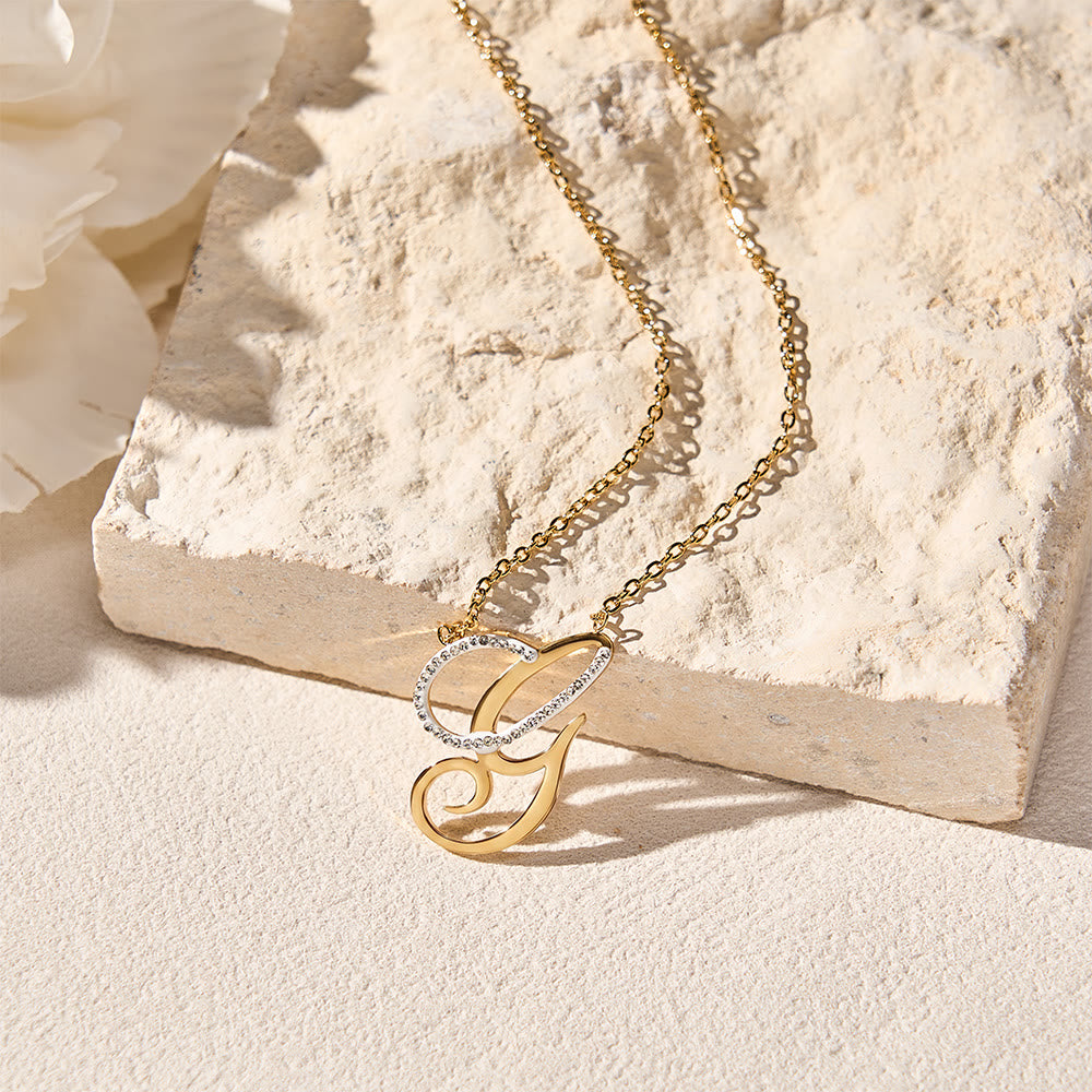 HilalHaven Dual Script Intertwined Initial Arabic&amp;English Letter Two-Tone Inlaid Crystal Titanium Steel Women’s Letter Necklace  - image 11