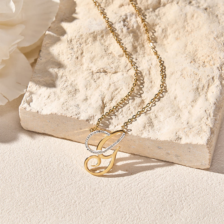 HilalHaven Dual Script Intertwined Initial Arabic&amp;English Letter Two-Tone Inlaid Crystal Titanium Steel Women’s Letter Necklace  - image 11