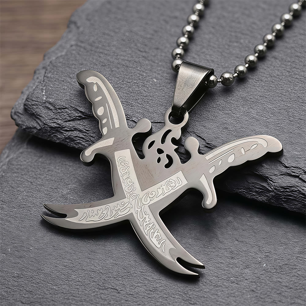 HilalHaven Crossed Flowing Outline Engraved Detail Zulfiqar Sword Vintage Necklace - image 2