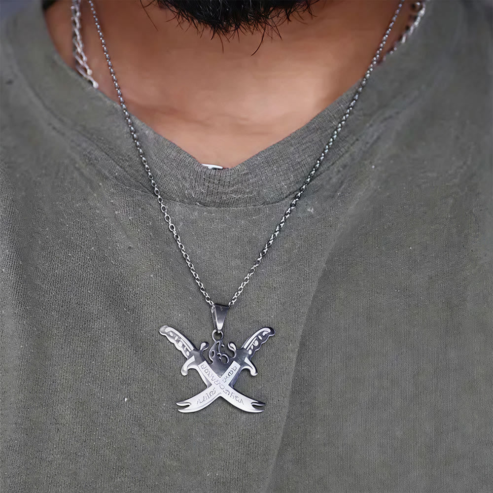HilalHaven Crossed Flowing Outline Engraved Detail Zulfiqar Sword Vintage Necklace - image 0