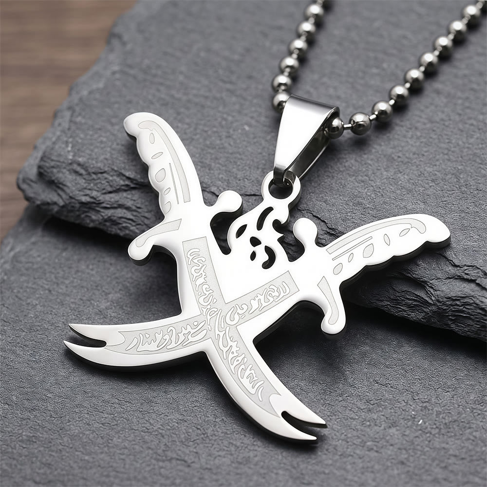HilalHaven Crossed Flowing Outline Engraved Detail Zulfiqar Sword Vintage Necklace - image 3