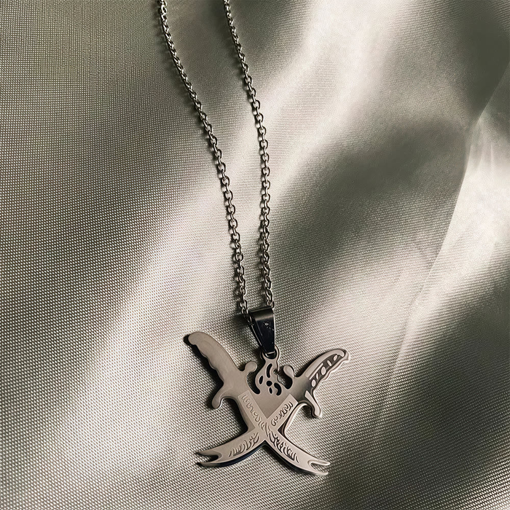HilalHaven Crossed Flowing Outline Engraved Detail Zulfiqar Sword Vintage Necklace - Zulfiqar Sword Vintage Necklace - image 1